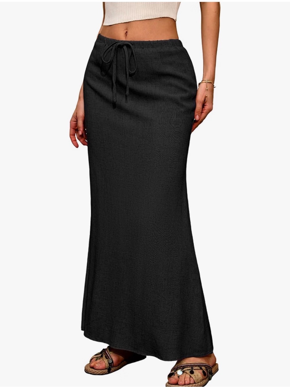 Women's Black Drawstring Waist Maxi Skirt | XL